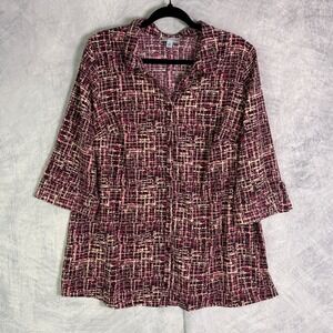 Catherines Button Down top sz 1X geometric Plaid tan brown maroon Pink artsy
